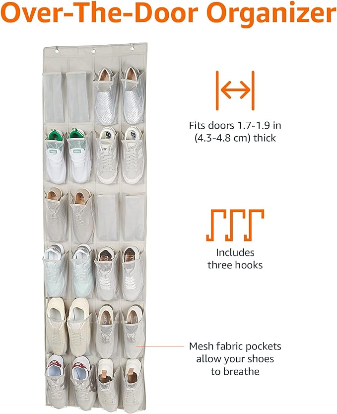 Amazon Basics 24 Medium Mesh Pocket Over-the-Door Hanging Shoe Organizer, Space Saving Shoe Storage, Light Grey | Over-the-Door, 24