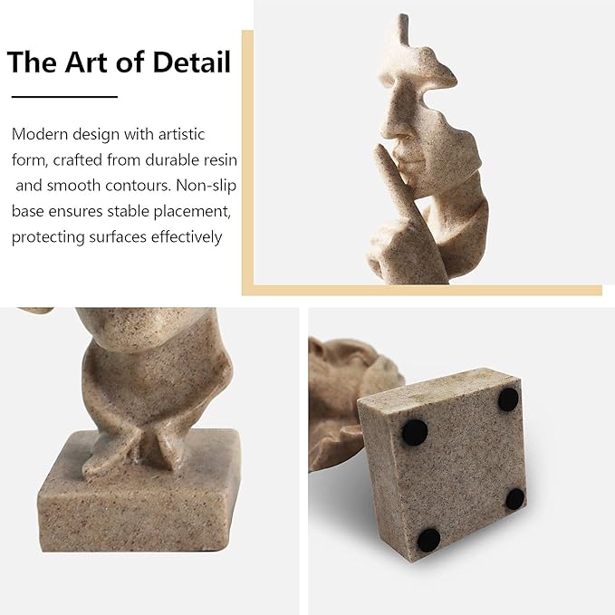 aboxoo Large Size 3 Pcs Thinker Statue, Silence is Gold, See No Evil Hear No Evil Speak No Evil Statues, Modern Resin Sculptures Decor for Living Room, Home, Office Study (Sandy)