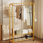 Sturdy Heavy Duty Clothes Rack With Wheels,Modern Clothing Rack With Shelves & hooks, Garment Racks for Hanging Clothes,Closet Rack for Bedroom,49.21in Wide,Clothes Storage and Display (gold)