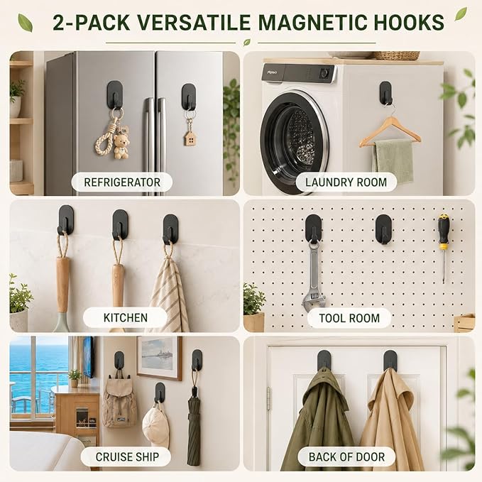 Heavy Duty Magnetic Wreath Hanger, Strong Magnetic Hooks for Front Door, Holds 10 lbs, No-Scratch, Versatile Wreath Hook for All Season Decor, Kitchen, Fridge, Garage (Black, 2 Pack)
