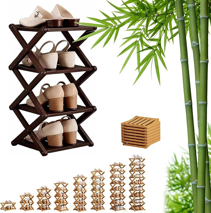 9 Tier Bamboo Shoe Rack, Foldable Shoe Rack, Shoe Rack, Ertical Shoe Organizer for Small Spaces, No Assembly Narrow Shoe Shelf for Entryway Closet Dorm (Brown, 4 Layers)