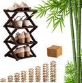 9 Tier Bamboo Shoe Rack, Foldable Shoe Rack, Shoe Rack, Ertical Shoe Organizer for Small Spaces, No Assembly Narrow Shoe Shelf for Entryway Closet Dorm (Brown, 4 Layers)