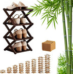 9 Tier Bamboo Shoe Rack, Foldable Shoe Rack, Shoe Rack, Ertical Shoe Organizer for Small Spaces, No Assembly Narrow Shoe Shelf for Entryway Closet Dorm (Brown, 4 Layers)