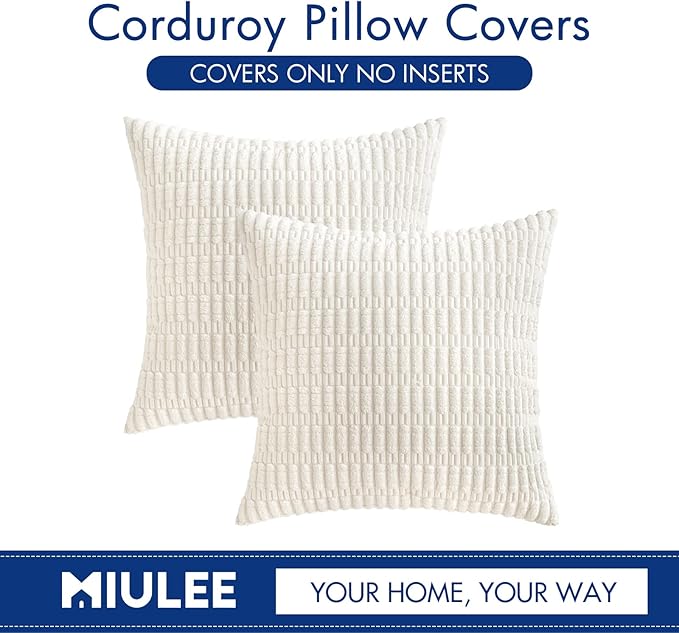 MIULEE Pack of 2 Corduroy Decorative Throw Pillow Covers 16x16 Inch Soft Boho Striped Pillow Covers Modern Farmhouse Home Decor for Sofa Living Room Couch Bed Pure White
