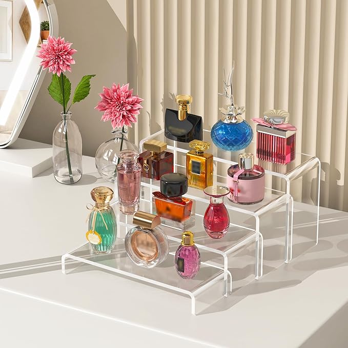 6 Pcs Large Acrylic Display Risers (7" L~8" L), Sturdy Rectangular Dessert Stands, Perfume Shelf Organizer, Clear Riser Stands, Display Shelves for Cupcake, Perfume, Figure, Collection, Decoration.