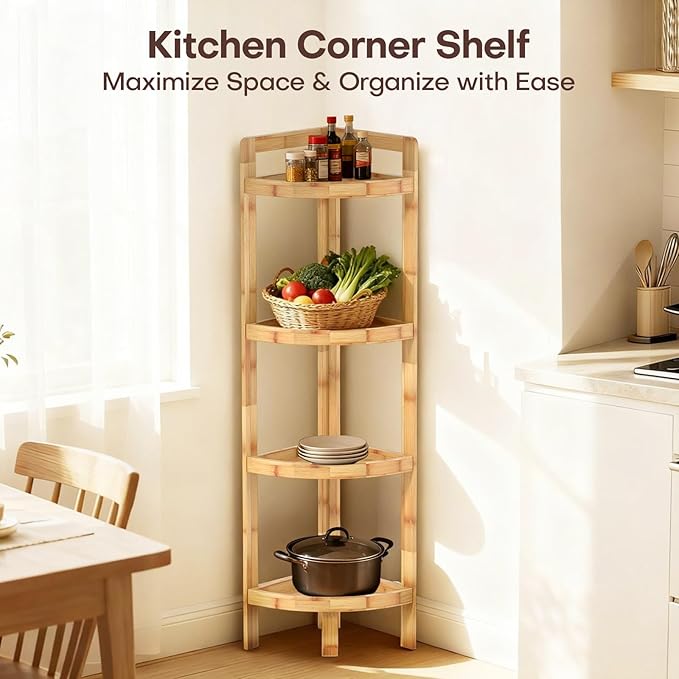 2026 New Bamboo Standing Shelf, 4 Tier Corner Shelf Stand, Free-Standing Shelf Units, Triangular Curved Corner Shelf Stand for Space-Saving Display Ideal for Bathroom/Kitchen/Living Room Storage