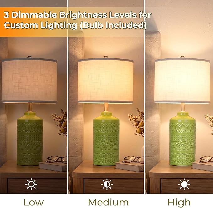 JUNNAI Light Green Ceramic Table Lamp 25 inch 3-Way Dimmable Nightstand Lamp with White Linen Shade Bedside Lamp for Living Room Bedroom Office Reading (Bulb Included)