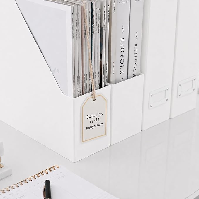 BLU MONACO Set of 6 Foldable White Magazine File Holders | Vertical Desk File Organizer Boxes With Leather Label Holders | Stylish Cardboard Magazine Storage for Shelves, Workspace and Home Office