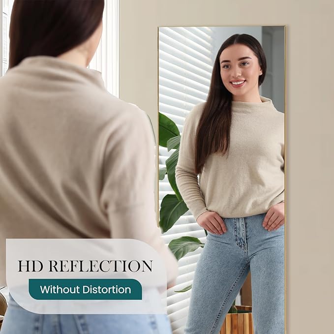 DUMOS 64"x21" Full Length Mirror, Full Body Mirror with Aluminum Alloy Thin Frame, Standing Mirrors with Leaning or Hanging, Suitable for Bedroom, Livingroom, Cloakroom, Gold