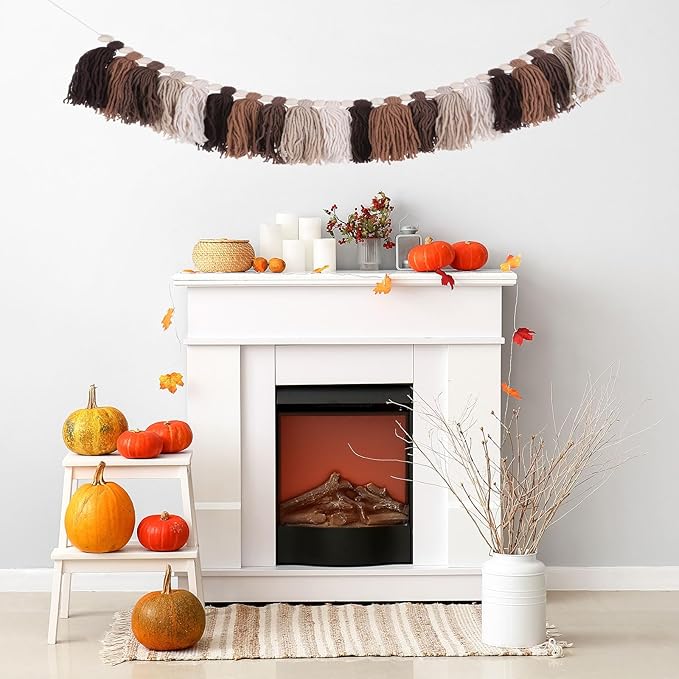 MECCANIXITY Bohemian Yarn Tassel Garland with Wood Beads,3.9Ft Brown Terracotta Fall Wall Hanging Tassels Banner Western Room Decor for Bedroom Office Nursery Classroom Party Decorations