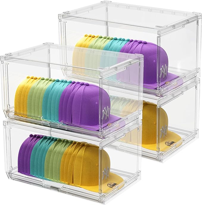 4 Pack Large Hat Organizer Box, Stackable Clear Baseball Caps Holder Box Containers with Sliding Door for Hats Snapback Cap Storag, Hat Rack Display Case, Holds 20 Hats Each -Clear