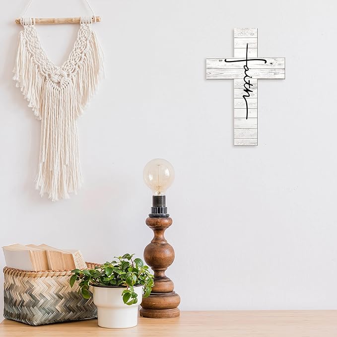 Jetec 3 Pieces Easter Faith Love Hope Cross Sign Crosses Wall Decor Wood Wall Hanging Rustic Cross Vintage Religious Love Art Decor Farmhouse Home Hanging Decorations, 12 x 8 Inch(White)