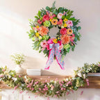 Spring Wreaths for Front Door 24 Inch Outdoor Spring Wreath with Pink Bow– Handmade Peach Dahlia & Garden Rose Summer Wreaths for Front Door,Farmhouse Home,Porch,Wall,Window Decor