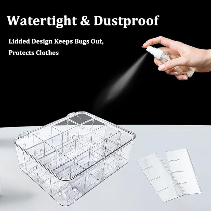 2 PCS Sock Underwear Organizer Clear Storage Containers 16 Cell Adjustable Dividers Plastic Drawer Organizer Box with Lids for Ties Bra Scarf (11.8×9.4×3.9")