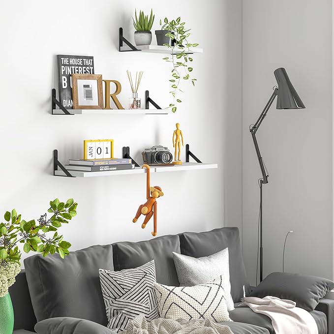 YGEOMER White Floating Shelves for Wall, Different Sizes Rustic Wall Shelves for Living Room, Bathroom, Bedroom, Kitchen, Home Decor (Set of 4)