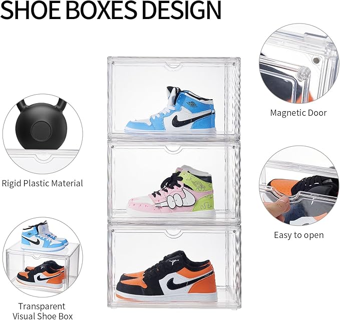 Sneaker Shoe Display Case,Shoe Box with Clear Magnetic Door,Thicken & Sturdy Organizer Containers Stackable,Fit Shoe Size Up to US 14 (X-Large) (X-Large-2pack)