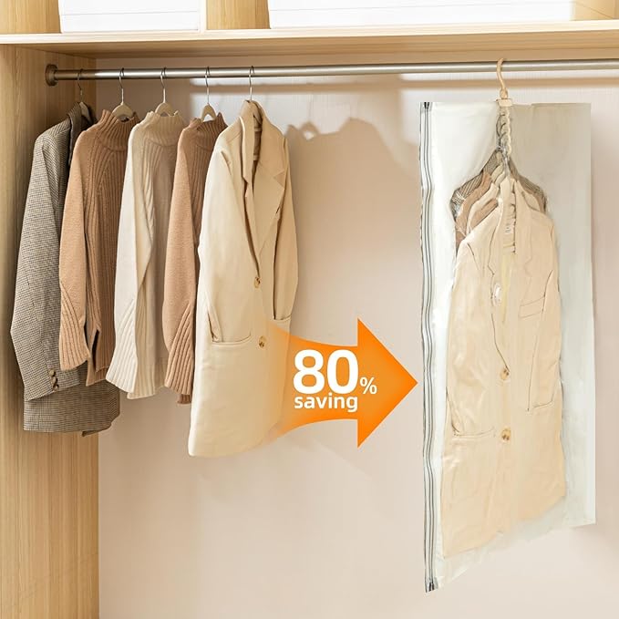 Hanging Vacuum Storage Bags – 2 Pack (1 Long, 1 Short) Hanging Vacuum Seal Bags for Clothing, Closet Organizer Space Saver for Suits, Jackets & Coats