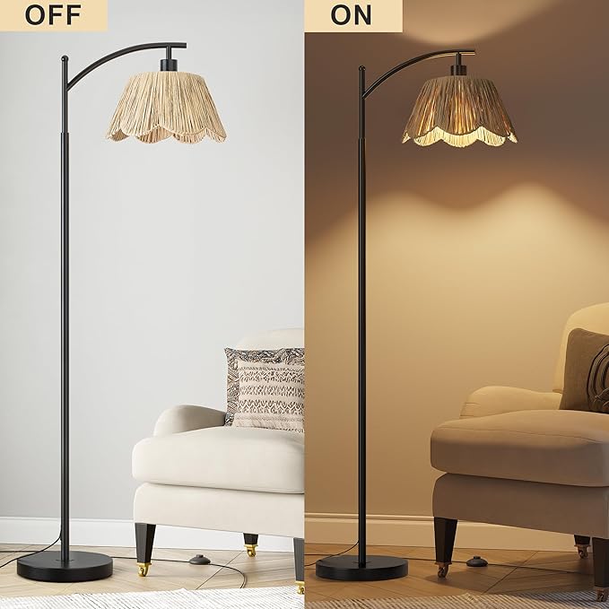 Oneach Boho Rattan Floor Lamp for Living Room, Farmhouse Standing Lamp with Hand-Woven Shade, Black Metal Base & Pole, Foot Switch - Corner Reading Lamp for Bedroom