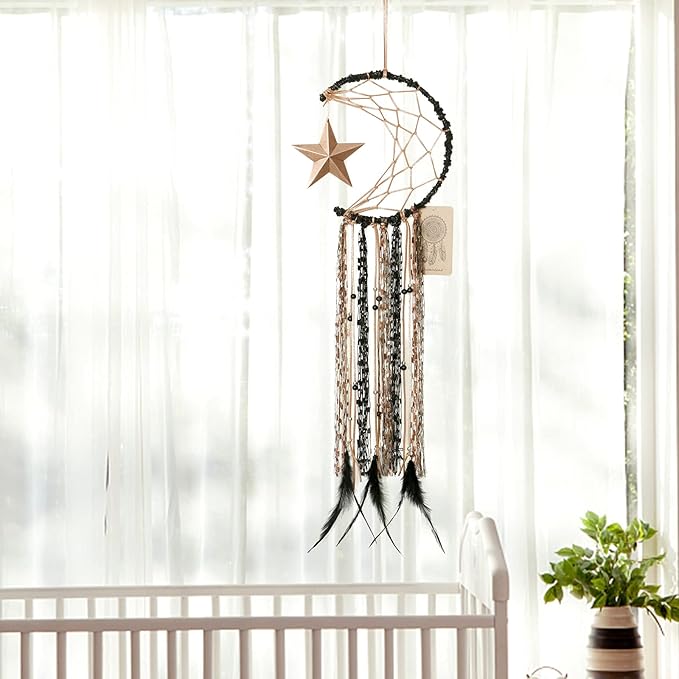Dremisland Moon Dream Catcher Handmade Half Circle Moon Design Dream Catcher Feather Hanging with Star Home Decoration Ornament Festival Gift (Brown)