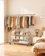 EAGMAK Heavy Duty Clothes Rack Load 686 LBS, Rolling Clothing Rack with 3 Shelves, Height Adjustable Metal Coat Rack, Portable Garment Closet Wardrobe Organizer with Wheels for Hanging Clothes, Silver