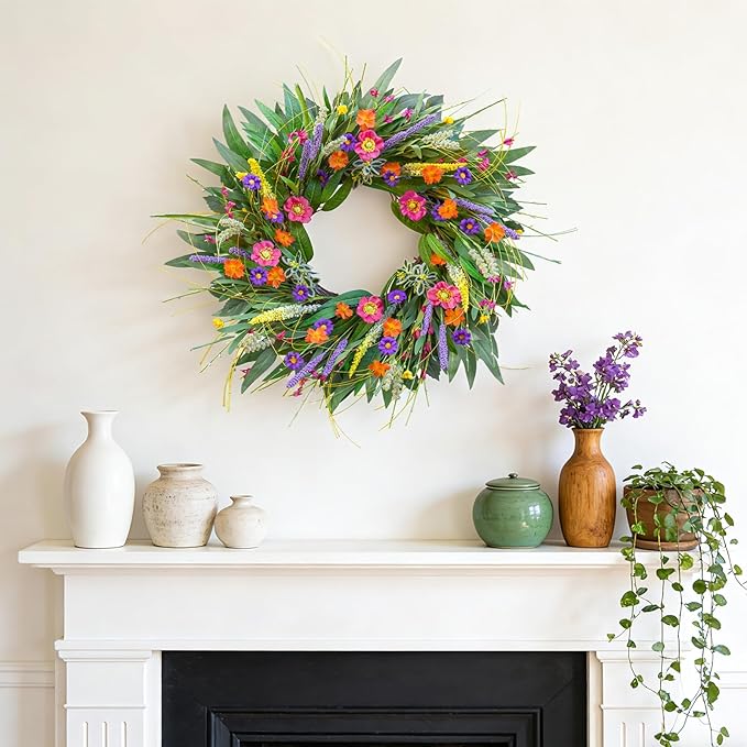 Spring Wreaths for Front Door 24 Inch - Outdoor Spring Summer Wreath with Wildflower and Green Leaves,Front Door Wreath for Farmhouse Home Porch Wall Decor