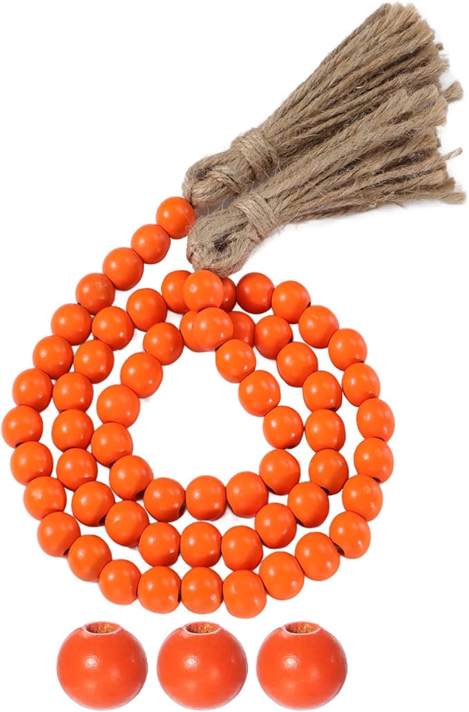Equsion Seasonal Wooden Bead Garland with Tassels, 3.3 ft Holiday Vintage Boho Bead Garland Easter Tray Decoration, Vase Wall Room Art Birthday Party Decoration(Orange)