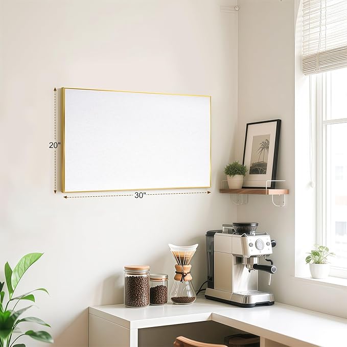 Linen Bulletin Board 30" x 20", White Fabric Pin Board with Gold Aluminum Frame, Decorative Vision Board for Home Office, Bedroom & Dorm Wall Decor, Includes 10 Push Pins