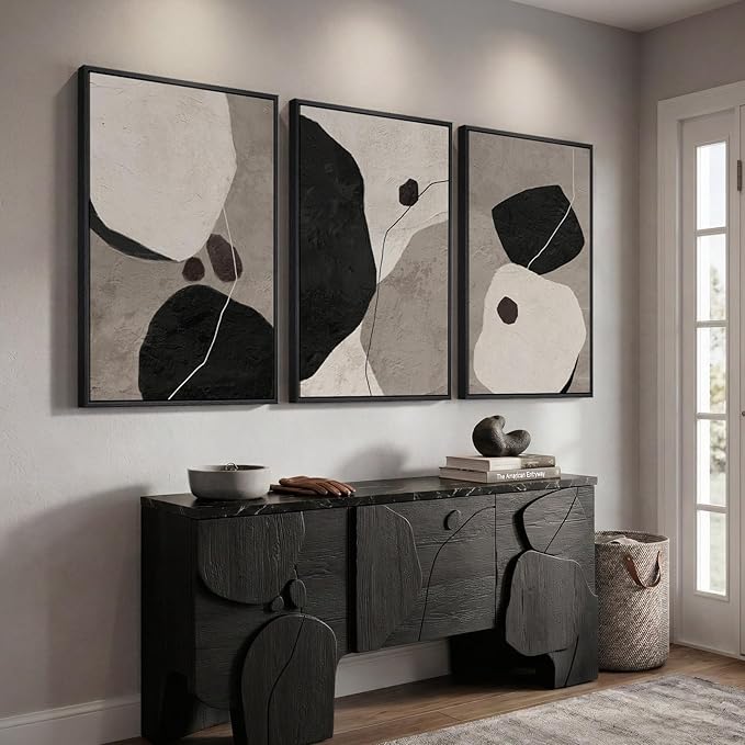 Large Framed Black and White Abstract Wall Art for Living Room, 3 Piece Modern Canvas Prints Paintings Artwork for Walls, Neutral Minimalist Pictures Wall Decor for Bedroom Dining Room Office 24x36 In