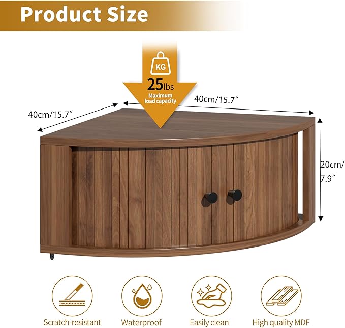Corner Shelves Wall Cabinet Set of 3, Floating Corner Shelf Organizer with Sliding Doors, Fluted Wall Cabinet for Living Room, Bedroom, Office, Small Space, Walnut (Curved, 15.74“)
