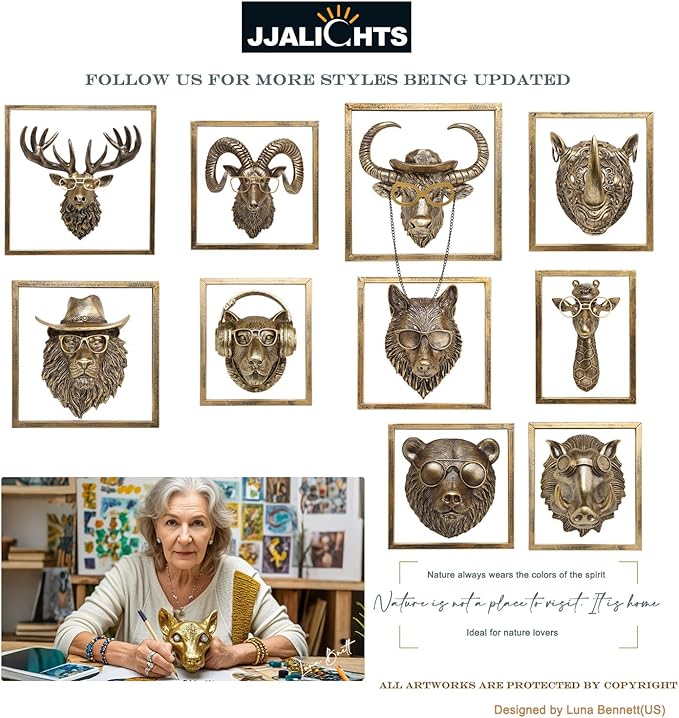 JJALIGHTS Exquisite Resin Animal Head Wall Sculpture (Gift Metal Frame) - Imitation Copper Vintage Decor for Living Room, Bedroom & Office | Decorative Wall Hanging Art