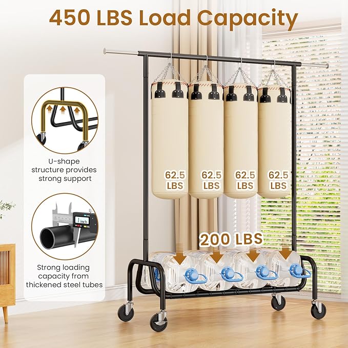 Heavy-duty Clothing Rack with Wheels, Rolling Clothes Rack with Shelf, Clothes Racks for Hanging Clothes, Metal Standing Garment Racks, Black