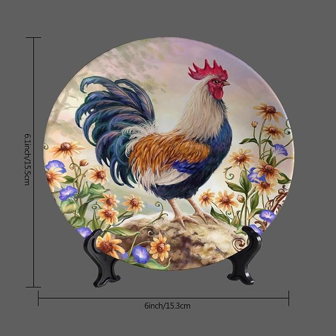 Rooster Decorative Plates, 6inch, Rooster on Stone Round Display Plate, Hanging Decorative Plate with Display Stand, for Kitchen Party Coffee Table Decor Art