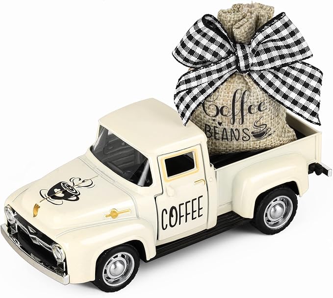 Metal Coffee Truck with Burlap Sack Vintage Pickup for Farmhouse Kitchen Decor Coffee Station Home Bar Accessories