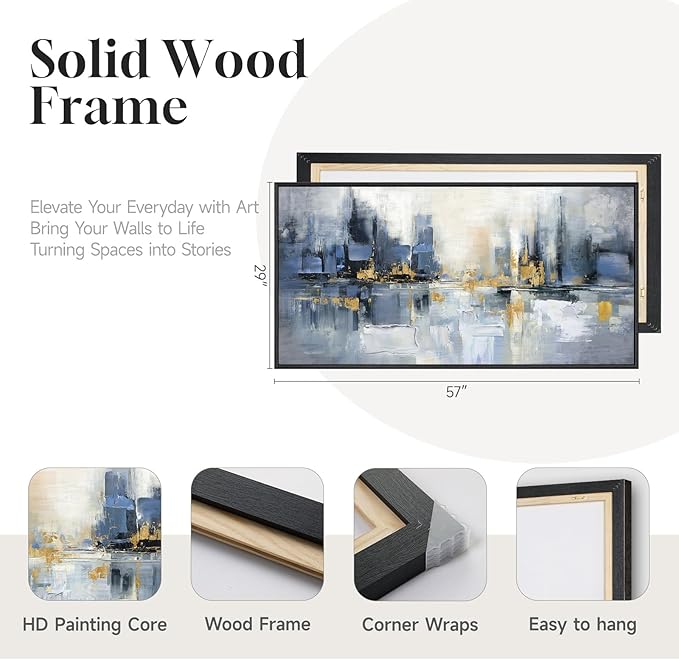 Framed Blue Abstract Wall Art for Living Room, Extra Large Modern Cityscape Canvas Artwork for Walls, Horizontal Contemporary Painting Print for Living Room Bedroom Office Wall Decor, 30x60 Inch