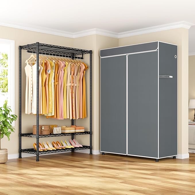 H5C Plus Clothes Rack with Cover, Portable Closet for Hanging Clothes, Covered Clothing Racks Heavy Duty, 3-Tiers Garment Rack with Shelves Max Load 370LBS Black Closet Rack with Gray Cover