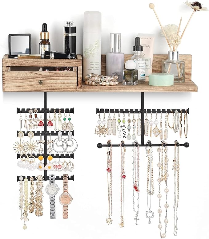 VINAEMO Jewelry Organizer Hanging Wall Mounted Jewelry Holder with Rustic Wood Drawer & Large Capacity Storage Shelf Rack Display for Earrings Rings Necklaces Bracelet