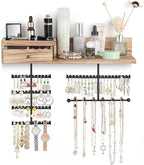 VINAEMO Jewelry Organizer Hanging Wall Mounted Jewelry Holder with Rustic Wood Drawer & Large Capacity Storage Shelf Rack Display for Earrings Rings Necklaces Bracelet