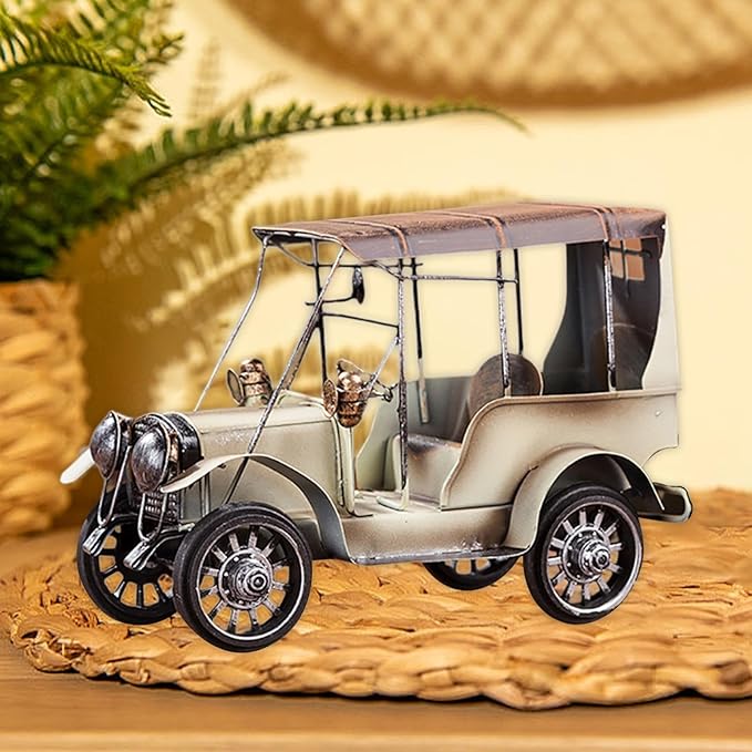 Vintage Car Model Miniature Sculpture Novelty Antique Retro Decoration Desk Bookshelf Collectible Vehicles Tabletop Ornament, White