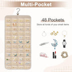 Dynoro Double-Sided Hanging Jewelry Organizer, Large Lvory Storage Roll for Earrings, Necklaces, Rings, 48 Pockets 21 Hooks, Durable Oxford Fabric for Closet, Wall, Door, 1 piece, Jewelry Not Included