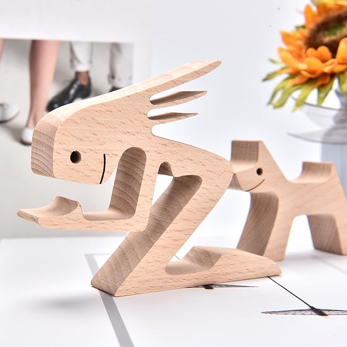 ISHINE Wood Decor Wooden Statue Man and Dog Figurine Handmade Carved Creative Home Office Gift for Men Women Accents Decoration Natural ECO Friendly 7x3 inches (A-Woman Kisses Dog)