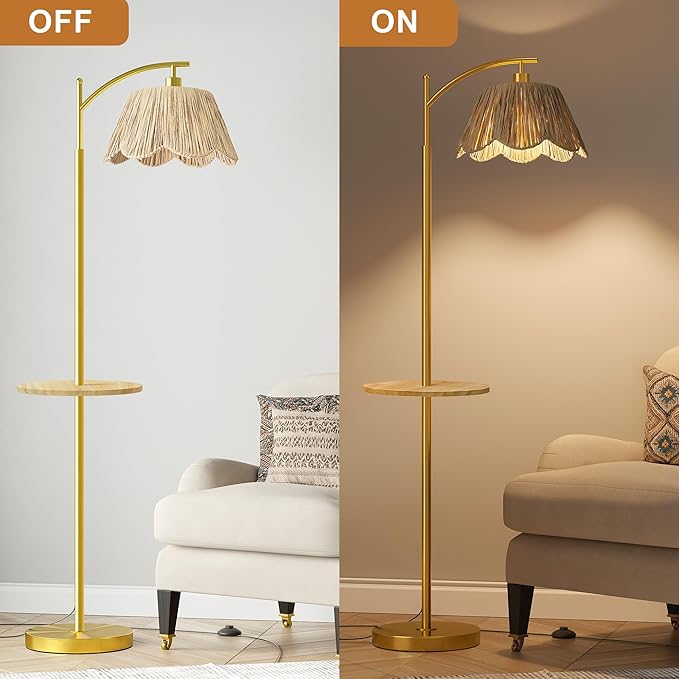 Oneach Floor Lamp with Table for Bedroom, Boho Standing Lamps with Foot Switch, Farmhouse Floor Lamp for Living Room, Arc Rattan Lamps with Gold Metal Base & Pole, Ideal for Home Décor