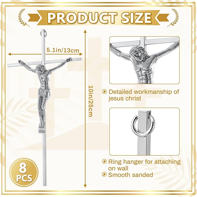 Leinuosen 8 Pcs Metal Crucifix Wall Cross 10 Inch Catholic Slender Metal Crosses Wall Decor for Home Decor Hanging Jesus(Silver)