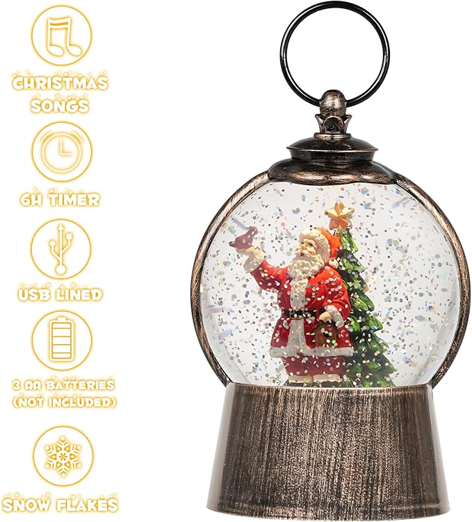 Santa Snow Globe Christmas Snow Globe Lantern with 6-Hour Timer, Light up Christmas Decorations Indoor, Glitter Musical Snow Globe, USB/Battery Powered Santa Claus Cardinal Christmas Tree