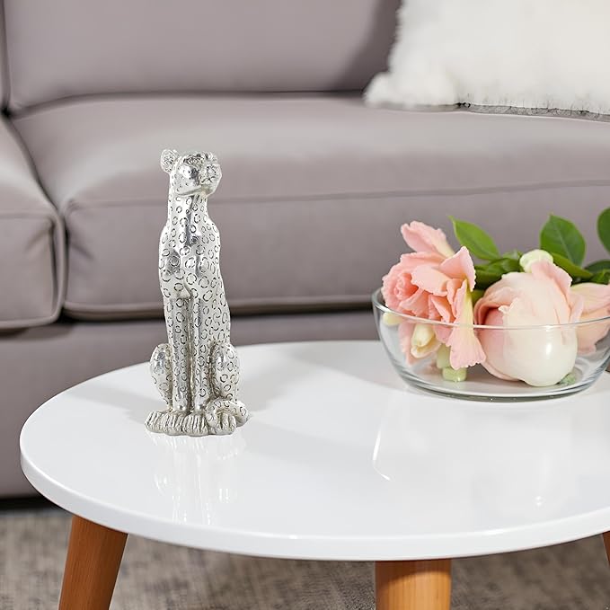 Cheetah Statue Sculptures Home Decor , 11"Silvery Leopard Antique Classical Figurine Sitting Sculpture Standing,Office,living room,dining room,display rack,coffee table or entrance tabletop decoration