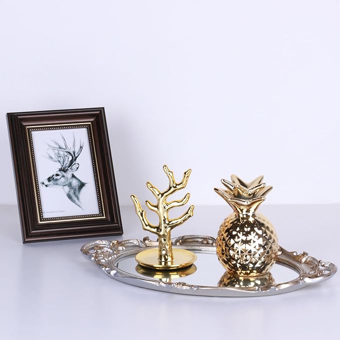 Polyresin Ellipse Antique Decorative Mirror Tray, Makeup Organizer, Jewelry Organizer, Serving Tray, 9.8”x 14.6”, Golden Silver