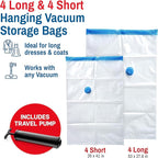 Hanging Vacuum Storage Bags for Clothes & Coats – 8 Pack (4 Small & 4 Large) Vacuum Seal Garment Bags for Hanging Storage – Space Saving Compression Bags for Clothing, Jackets – Transparent