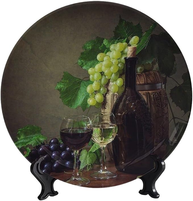 Decorative Plate Stand, 10 Inch, Grapes and Wine On Wooden Table Round Display Plate, Table Top Plate Decor with Stand, for Kitchen Living Room Office Countertop Decor