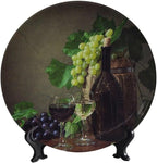 Decorative Plate Stand, 10 Inch, Grapes and Wine On Wooden Table Round Display Plate, Table Top Plate Decor with Stand, for Kitchen Living Room Office Countertop Decor