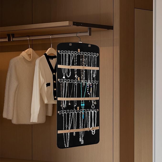 Wome Over the Door Jewelry Organizer Hanging: Double-Sided Storage with 28 Small 2 Large 9 Medium Pockets for Earrings Necklaces Rings Durable Polyester for Door or Closet or Wall or Glass (Black)