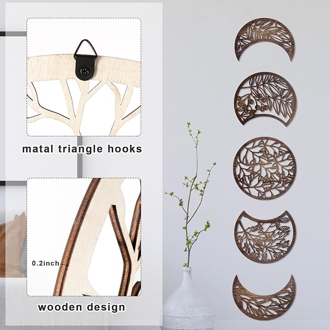 Jetec 5 Pcs Moon Phase Wall Art Decor Wall Pediments Hanging Wooden Phase Spiritual Bedroom Nordic Boho Lunar Aesthetic Art for Living Room Dorm Apartment Ornament(Dark Brown,15.75 Inch,Botanical)